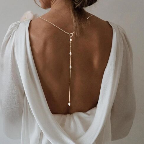 Pearl Back Chain for Backlesss Dress Layered Backdrop Gold Dainty Chain Women Bridal Wedding Back Necklace Summer Beach Body Jewelry (Gold A) in Saudi Arabia