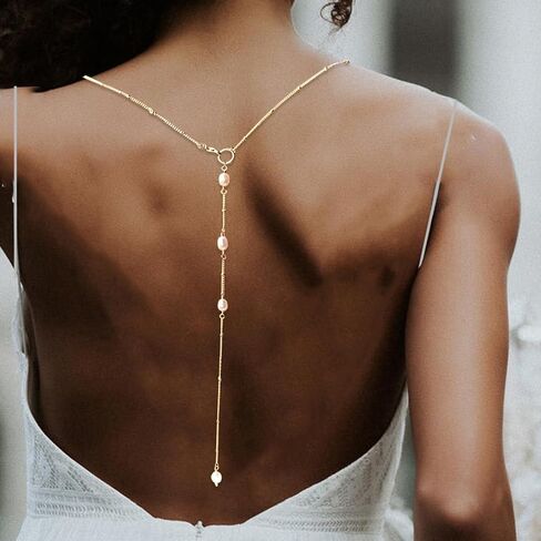 Pearl Back Chain for Backlesss Dress Layered Backdrop Gold Dainty Chain Women Bridal Wedding Back Necklace Summer Beach Body Jewelry (Gold A) in Saudi Arabia