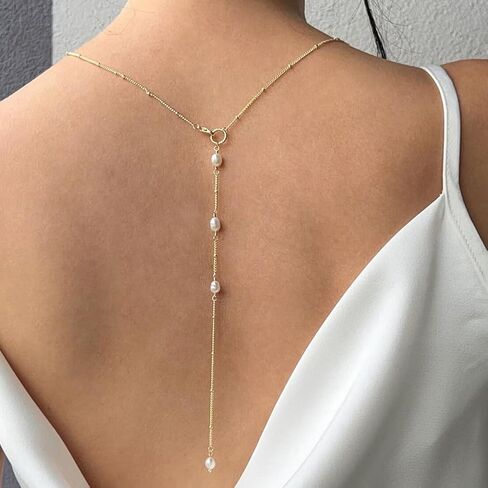 Pearl Back Chain for Backlesss Dress Layered Backdrop Gold Dainty Chain Women Bridal Wedding Back Necklace Summer Beach Body Jewelry (Gold A) in Saudi Arabia