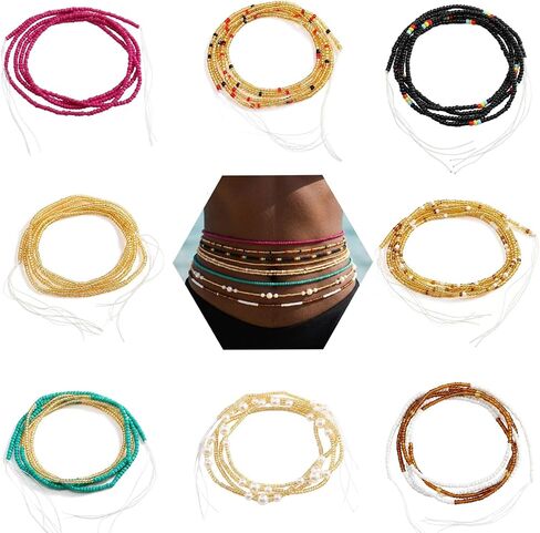 African Waist Beads for Women, Adjustable Beaded Waist Chain 50Inch Non-Stretch Handmade, Fade-Resistant Color & Durable Cotton Thread, Boho Belly Beads Chains for Bikini Beach Festival Body Jewelry in Saudi Arabia