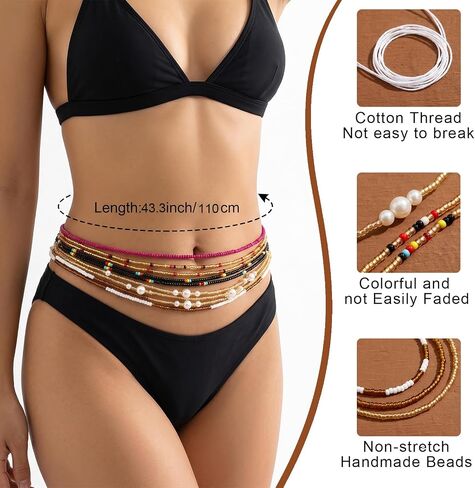 African Waist Beads for Women, Adjustable Beaded Waist Chain 50Inch Non-Stretch Handmade, Fade-Resistant Color & Durable Cotton Thread, Boho Belly Beads Chains for Bikini Beach Festival Body Jewelry in Saudi Arabia