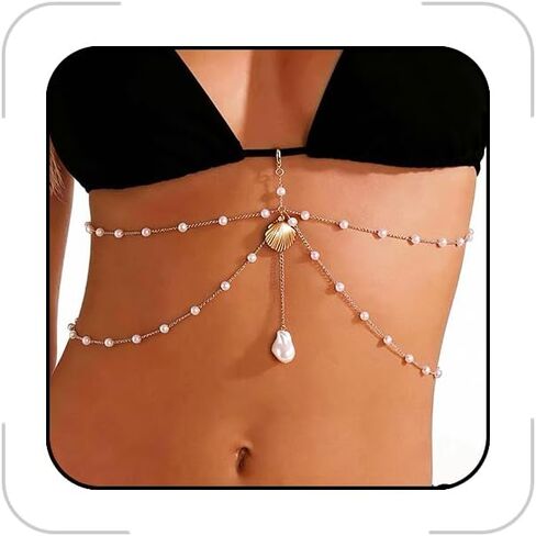 Gold Shell Pendant Layered Body Chain for Women Boho Faux Pearl Beaded Bikini Waist Chain Summer Beach Vacation Fashion Jewelry in Kuwait