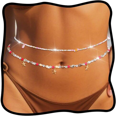 Urieo Bead Waist Chain Shell Pink Body Jewelry Starfish Layered Belly Chains for Women（Pack of 2) in Kuwait
