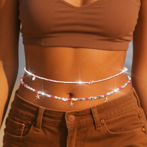 Urieo Bead Waist Chain Shell Pink Body Jewelry Starfish Layered Belly Chains for Women（Pack of 2) in Kuwait