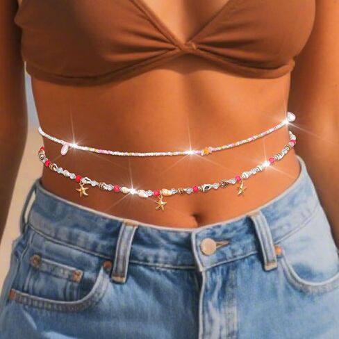 Urieo Bead Waist Chain Shell Pink Body Jewelry Starfish Layered Belly Chains for Women（Pack of 2) in Kuwait