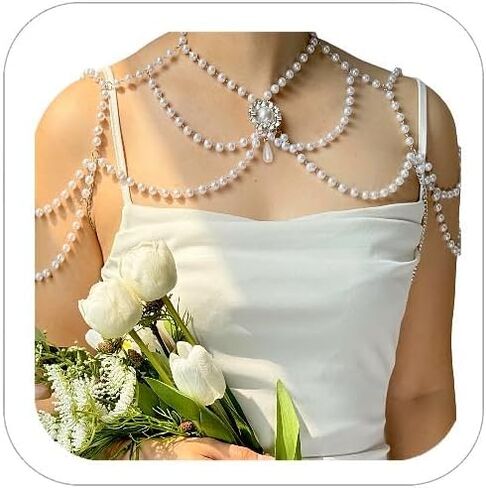Pearl Shoulder Jewelry Bridal Wedding Shoulder Necklace Chain Festival Rave Party Outfit Accessories for Women Statement Body Chain in Kuwait