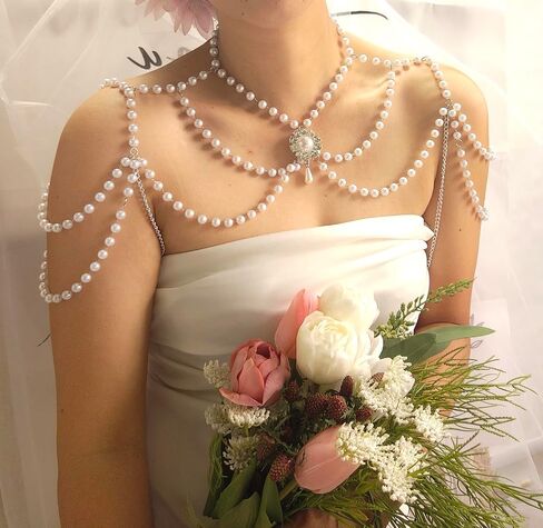 Pearl Shoulder Jewelry Bridal Wedding Shoulder Necklace Chain Festival Rave Party Outfit Accessories for Women Statement Body Chain in Kuwait