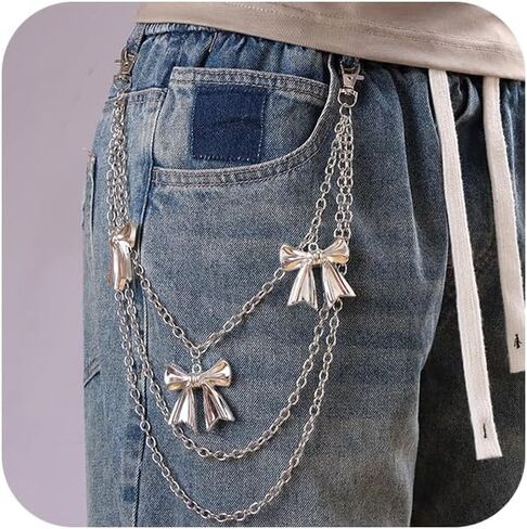 Pants Chain for Women with Bow Charms, Silver Layered Wallet Chain for Jeans, Coquette Y2K Kawaii Belt-Loop Keychain, Adjustable Pocket/Waist Chain Streetwear Accessory in Saudi Arabia