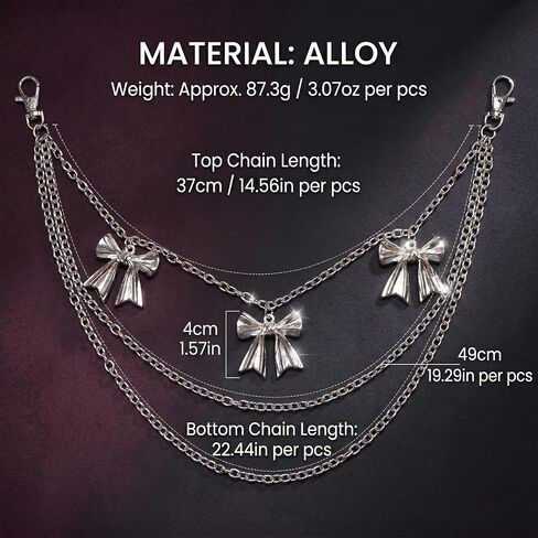 Pants Chain for Women with Bow Charms, Silver Layered Wallet Chain for Jeans, Coquette Y2K Kawaii Belt-Loop Keychain, Adjustable Pocket/Waist Chain Streetwear Accessory in Saudi Arabia