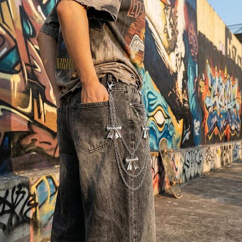 Pants Chain for Women with Bow Charms, Silver Layered Wallet Chain for Jeans, Coquette Y2K Kawaii Belt-Loop Keychain, Adjustable Pocket/Waist Chain Streetwear Accessory in Saudi Arabia