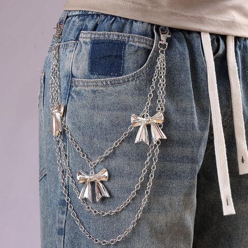 Pants Chain for Women with Bow Charms, Silver Layered Wallet Chain for Jeans, Coquette Y2K Kawaii Belt-Loop Keychain, Adjustable Pocket/Waist Chain Streetwear Accessory in Saudi Arabia