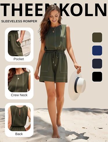 Theenkoln Womens Summer Sleeveless Rompers:Crewneck Adjustable Drawstring Waistband Beach Casual Outfits with Pockets in Saudi Arabia
