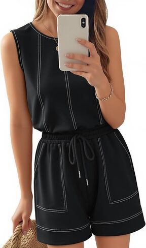 Theenkoln Womens Summer Sleeveless Rompers:Crewneck Adjustable Drawstring Waistband Beach Casual Outfits with Pockets in Saudi Arabia