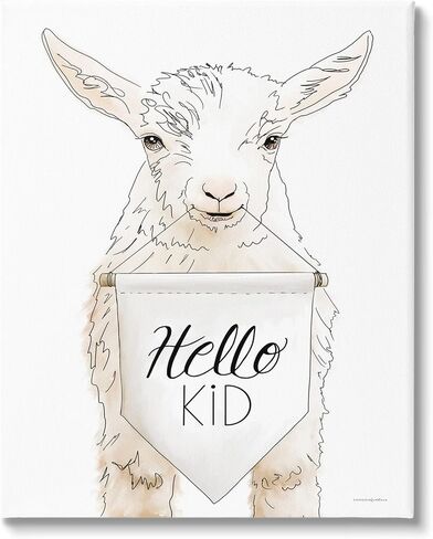 Stupell Industries Goat Holding Sign Hello Kid Text Line Drawing, Design by Kamdon Kreations,White in Kuwait