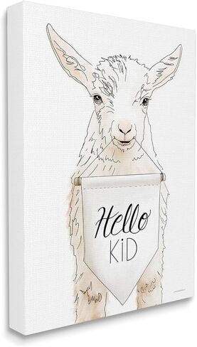 Stupell Industries Goat Holding Sign Hello Kid Text Line Drawing, Design by Kamdon Kreations,White in Kuwait