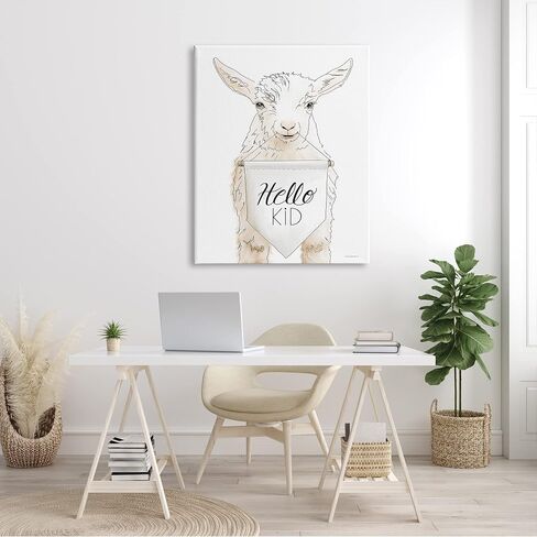 Stupell Industries Goat Holding Sign Hello Kid Text Line Drawing, Design by Kamdon Kreations,White in Kuwait