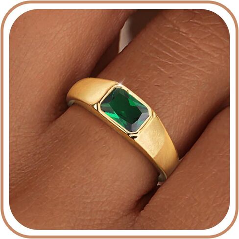 Birthstone Gold Rings for Women Non Tarnish 14K Gold Plated Chunky Emerald Rings Thumb Signet Statement Dainty CZ Band Ring Unique Waterproof Cute Jewelry Gift for Birthday Size 6-10 in Saudi Arabia