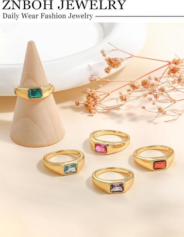 Birthstone Gold Rings for Women Non Tarnish 14K Gold Plated Chunky Emerald Rings Thumb Signet Statement Dainty CZ Band Ring Unique Waterproof Cute Jewelry Gift for Birthday Size 6-10 in Saudi Arabia