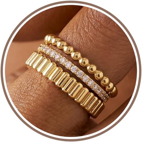 3Pcs Stackable Gold Rings for Women Set Non Tarnish Statement 14K Plated Silver Cubic Zirconia Ribbed Bead Dainty Size 6-10 Trendy Jewelry Gift in Saudi Arabia