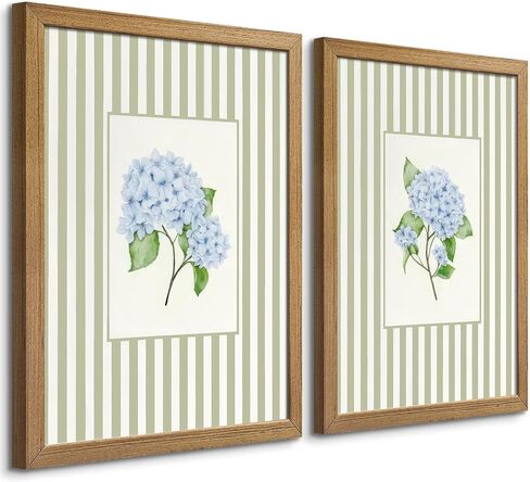 Blue Hydrangea Wall Art Set of 2, Real Wood Framed Coastal French Country Floral Pictures, Grandmillennial Striped Botanical Decor for Bathroom Bedroom, 8x10 Inch in Saudi Arabia