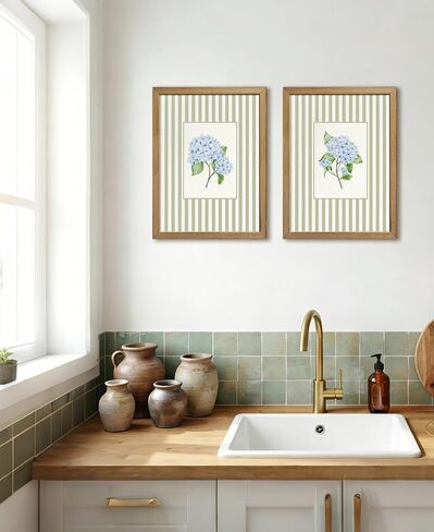 Blue Hydrangea Wall Art Set of 2, Real Wood Framed Coastal French Country Floral Pictures, Grandmillennial Striped Botanical Decor for Bathroom Bedroom, 8x10 Inch in Saudi Arabia