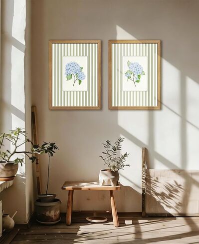 Blue Hydrangea Wall Art Set of 2, Real Wood Framed Coastal French Country Floral Pictures, Grandmillennial Striped Botanical Decor for Bathroom Bedroom, 8x10 Inch in Saudi Arabia