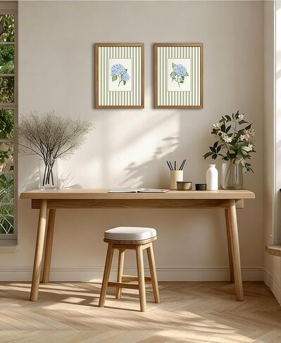Blue Hydrangea Wall Art Set of 2, Real Wood Framed Coastal French Country Floral Pictures, Grandmillennial Striped Botanical Decor for Bathroom Bedroom, 8x10 Inch in Saudi Arabia