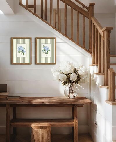 Blue Hydrangea Wall Art Set of 2, Real Wood Framed Coastal French Country Floral Pictures, Grandmillennial Striped Botanical Decor for Bathroom Bedroom, 8x10 Inch in Saudi Arabia