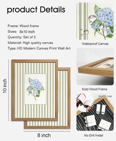 Blue Hydrangea Wall Art Set of 2, Real Wood Framed Coastal French Country Floral Pictures, Grandmillennial Striped Botanical Decor for Bathroom Bedroom, 8x10 Inch in Saudi Arabia