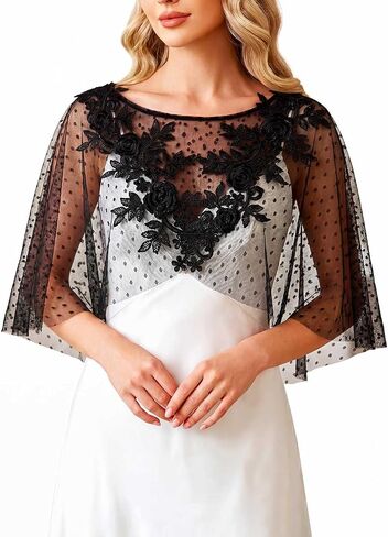GORAIS Lace Cape Black Evening Shawl Wraps Sheer Polka Dot Capelet Formal Bolero Shrug for Women in Kuwait