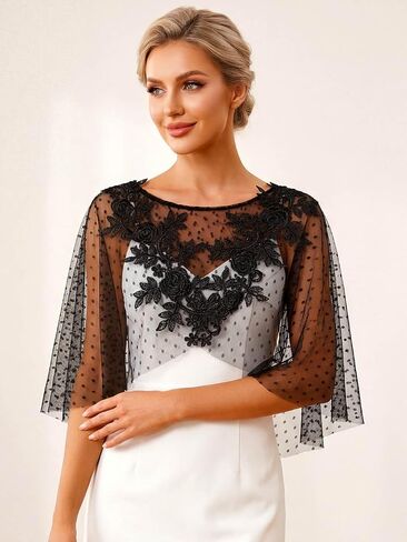 GORAIS Lace Cape Black Evening Shawl Wraps Sheer Polka Dot Capelet Formal Bolero Shrug for Women in Kuwait