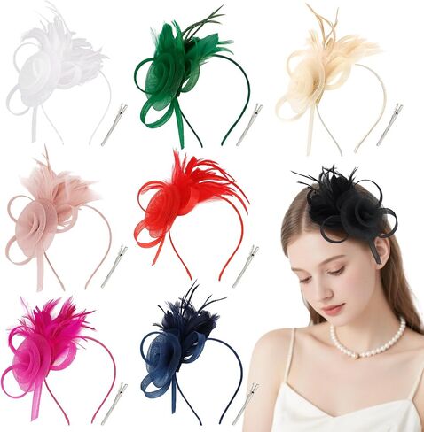 AMCAMI 8 PCS Fascinators Hats with Feather for Women 2026 Derby Hats Tea Party Hat with Headband and Clip in Saudi Arabia