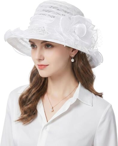 Women Organza Derby Sun Hat Flower Bridal Bowler Church Baptism Fascinators Party Wedding Cocktai Derby Hats Ruffles Cap in Kuwait