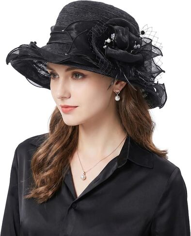 Women Organza Derby Sun Hat Flower Bridal Bowler Church Baptism Fascinators Party Wedding Cocktai Derby Hats Ruffles Cap in Kuwait