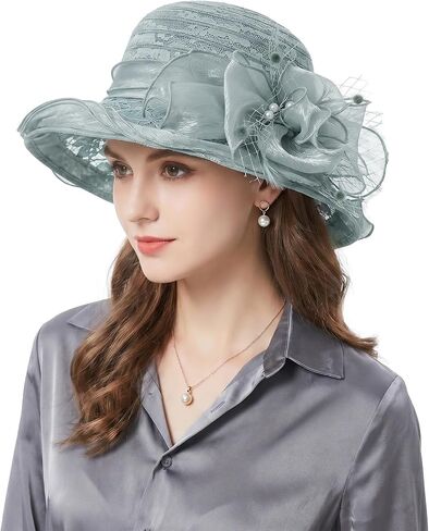 Women Organza Derby Sun Hat Flower Bridal Bowler Church Baptism Fascinators Party Wedding Cocktai Derby Hats Ruffles Cap in Kuwait