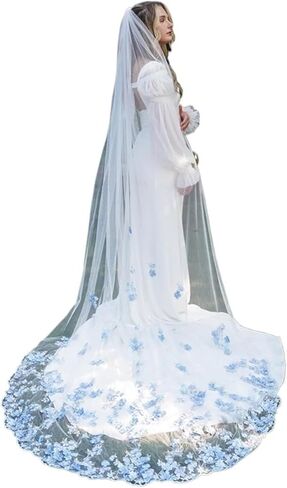 Stunning Blue 3D Floral Outdoor Wedding Veil with Comb - Long Cathedral Tulle Bridal Accessory Girls in Kuwait