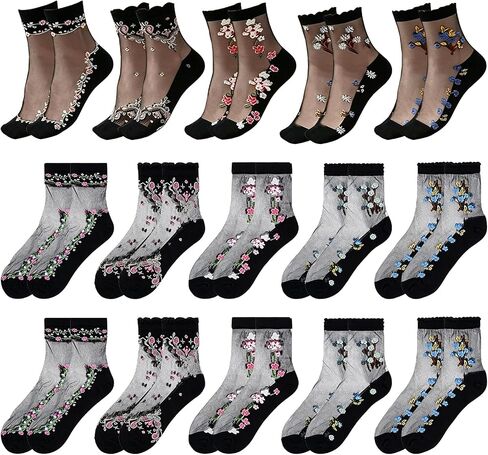 15 Pairs Sheer Socks with Designs, Sheer Floral Mesh Socks Women, Ultra Thin Lace Fishnet See Through Ankle in Saudi Arabia