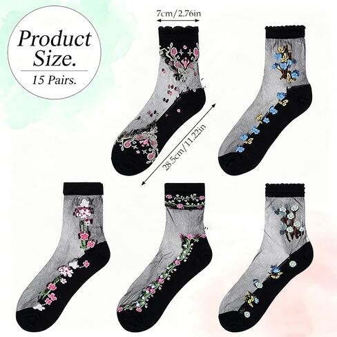 15 Pairs Sheer Socks with Designs, Sheer Floral Mesh Socks Women, Ultra Thin Lace Fishnet See Through Ankle in Saudi Arabia