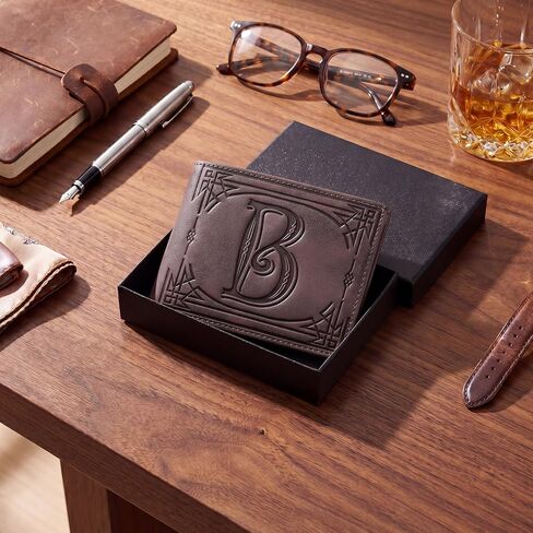 Sadnyy Father's Day Monogram Personalized Wallet for Men Genuine Leather RFID Blocking Bifold Engraved Custom Gifts Husband(Letter B) in Kuwait