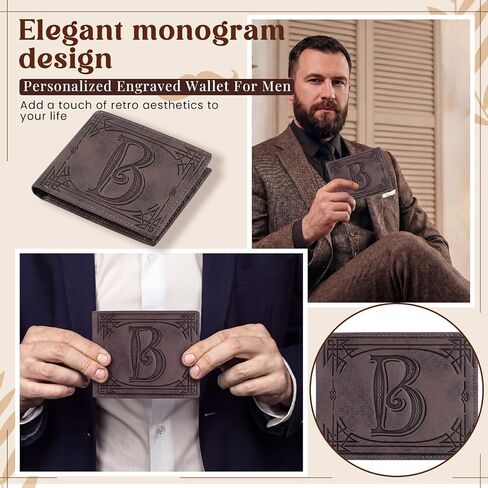 Sadnyy Father's Day Monogram Personalized Wallet for Men Genuine Leather RFID Blocking Bifold Engraved Custom Gifts Husband(Letter B) in Kuwait
