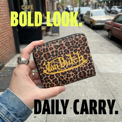 Von Dutch Zip-Up Wallet with ID Window, Vegan Leather, Slim Unisex Design for Men & Women (Leopard) in Saudi Arabia