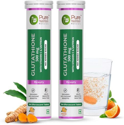 Pure Nutrition L-Glutathione 500mg, 30 Effervescent Tablets (15x2), with Vitamin C & Saffron, Orange Flavour, Supports Skin, Immunity & Daily Wellness in Saudi Arabia