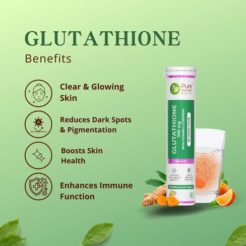 Pure Nutrition L-Glutathione 500mg, 30 Effervescent Tablets (15x2), with Vitamin C & Saffron, Orange Flavour, Supports Skin, Immunity & Daily Wellness in Saudi Arabia