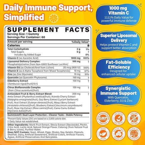 Liposomal Vitamin C Gummies 1000 mg for Adults, High Absorption VIT C Supplement with Elderberry, Quercetin, D3, Zinc for Immune, Antioxidant Support & Seasonal Wellness, Sugar Free, Vegan, 60 Count in Saudi Arabia