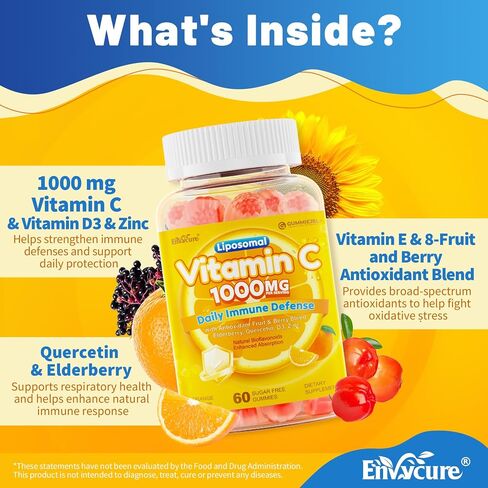 Liposomal Vitamin C Gummies 1000 mg for Adults, High Absorption VIT C Supplement with Elderberry, Quercetin, D3, Zinc for Immune, Antioxidant Support & Seasonal Wellness, Sugar Free, Vegan, 60 Count in Saudi Arabia
