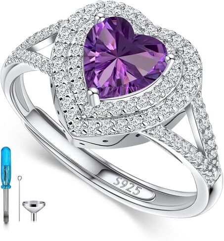 AOBOCO Sterling Silver Heart Birthstone Cremation Ring Holds Loved One's Ashes, Heart Urn Ring for Women, Memorial Keepsake Embellished with Austrian Crystals size 6-9 Adjustable Ring in Kuwait