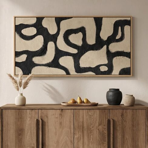 Framed Neutral Horizontal Abstract Wall Art for Living Room, Extra Large Black and Beige Modern Painting Print, Mid Century Canvas Artwork for Dining Room Bedroom Hallway Office Walls Decor, 30x60 Inch in Saudi Arabia