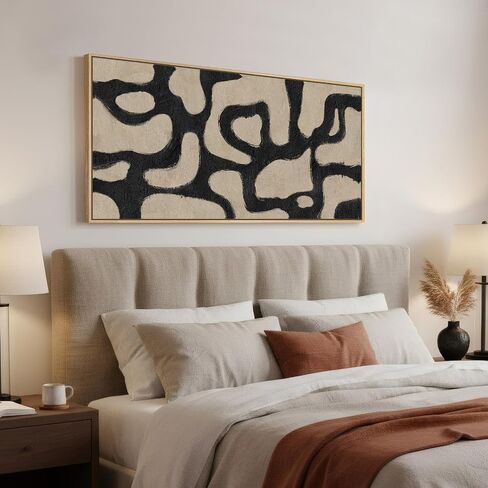 Framed Neutral Horizontal Abstract Wall Art for Living Room, Extra Large Black and Beige Modern Painting Print, Mid Century Canvas Artwork for Dining Room Bedroom Hallway Office Walls Decor, 30x60 Inch in Saudi Arabia