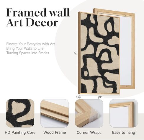 Framed Neutral Horizontal Abstract Wall Art for Living Room, Extra Large Black and Beige Modern Painting Print, Mid Century Canvas Artwork for Dining Room Bedroom Hallway Office Walls Decor, 30x60 Inch in Saudi Arabia