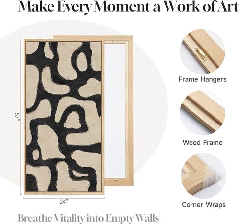 Framed Neutral Horizontal Abstract Wall Art for Living Room, Extra Large Black and Beige Modern Painting Print, Mid Century Canvas Artwork for Dining Room Bedroom Hallway Office Walls Decor, 30x60 Inch in Saudi Arabia